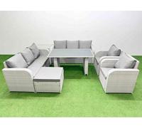 Fimous 9 Seater Outdoor Dining Table 3 Seater Sofa Reclining Chair Set With Side Table Big Stool Light Grey