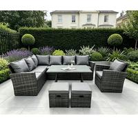 Fimous 9 Seater Outdoor Furniture Garden Dining Set Rattan Corner Sofa Set With 2 Small Footstools Dark Grey Mixed