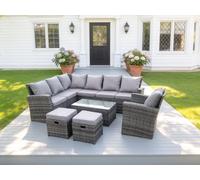 Fimous 9 Seater Outdoor Furniture Garden Dining Set Rattan Corner Sofa Set with Rectangular Coffee Table 2 Small Footstools in Dark Grey Fimous Dark Grey