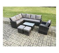 Fimous 9 Seater Outdoor Furniture Garden Dining Set Rattan Corner Sofa Set with Rectangular Coffee Table 2 Small Footstools Dark Grey Mixed