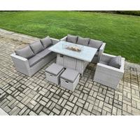 Fimous 9 Seater Outdoor Garden Dining Sets Rattan Furniture Gas Fire Pit Dining Table Gas Heater with Armchair 2 Small Footstools