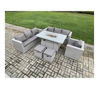 Fimous 9 Seater Outdoor Garden Dining Sets Rattan Furniture Gas Fire Pit Dining Table Gas Heater with Armchair 2 Small Footstools Light Grey