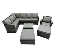 Fimous 9 Seater Outdoor Garden Furniture Set Wicker PE Rattan Corner Sofa Set with Square Coffee Table 2 Big Footstool Dark Grey Mixed
