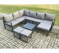 Fimous 9 Seater Outdoor Lounge Corner Sofa Set Aluminum Garden Furniture Sets with Square Coffee Table 3 Footstools Dark Grey