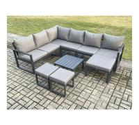 Fimous 9 Seater Outdoor Lounge Corner Sofa Set Aluminum Garden Furniture Sets with Square Coffee Table 3 Footstools Dark Grey