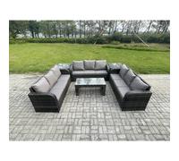 Fimous 9 Seater Outdoor Lounge Sofa Set Rattan Garden Furniture Set with Rectangular Coffee Table 2 Side Tables 3 Seater Sofa