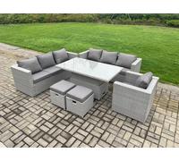 Fimous 9 Seater Outdoor PE Rattan Garden Funiture Set Adjustable Rising Lifting Table Sofa Dining Set with Armchair 2 in Light Grey Fimous Light Grey
