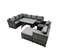 Fimous 9-Seater Outdoor Pe Rattan Sofa Set With Dining Table Patio Garden Furniture Sets With 2 Chair Big Stool Dark Grey Mixed