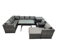 Fimous 9 seater Outdoor PE Rattan Sofa Set with Dining Table Patio Garden Furniture Sets with 2 Chair Big Stool Side Table Dark Grey Mixed