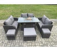 Fimous 9 Seater Outdoor Rattan Furniture Garden Dining Set Gas Fire Pit Table with Love Sofa 3 Footstools Dark Grey Mixed