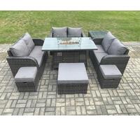 9 Seater Outdoor Rattan Furniture Garden Dining Set Gas Fire Pit Table with Side Table Love Sofa 3 Footstools Dark Grey Mixed Fimous Dark Grey One Size