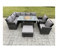 Fimous 9 Seater Outdoor Rattan Garden Furniture Set Corner Sofa Gas Fire Pit Dining Table Sets Gas Heater with Big Footstool Dark Grey Mixed