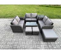 Fimous 9-Seater Outdoor Rattan Garden Furniture Set - Dark Grey Mixed Sofa with Rectangular Coffee Table & 3 Footstools