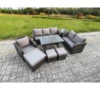 Fimous 9 Seater Outdoor Rattan Garden Furniture Set Patio Lounge Sofa Set with Dining Table 3 Footstools Side Table Dark Grey Mixed Fimous Dark Grey