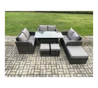 Fimous 9 Seater Outdoor Rattan Garden Furniture Set With Patio Rectangular Dining Table Love Sofa 3 Footstools