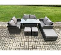 Fimous 9 Seater Outdoor Rattan Garden Furniture Set with Patio Rectangular Dining Table Love Sofa 3 Footstools Dark Grey Mixed