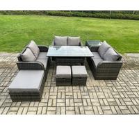 Fimous 9 Seater Outdoor Rattan Garden Furniture Set with Patio Rectangular Dining Table Love Sofa Side Table 3 Footstools Dark Grey Mixed