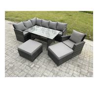 Fimous 9 Seater Outdoor Rattan Garden Furniture Set with Rectangular Dining Table 2 Big Footstool Armchiar Patio Wicker Corner Sofa Set