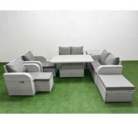 Fimous 9 Seater Outdoor Reclining Chair Love Sofa Set Rattan Garden Furniture Set Adjustable Lifting Table 3 Stools Side Table