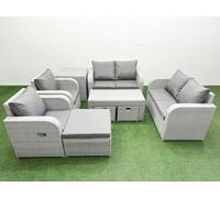 Fimous 9 Seater Outdoor Reclining Chair Love Sofa Set Rattan Garden Furniture Set Oblong Coffee Table 3 Stools Side Table