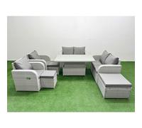 Fimous 9 Seater Outdoor Reclining Chair Love Sofa Set Rattan Garden Furniture Set with Adjustable Lifting Dining or Coffee Table 3 Stools Light Grey