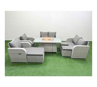Fimous 9 Seater Outdoor Reclining Chair Love Sofa Set Rattan Garden Furniture Set with Firepit Dining Table 3 Stools Light Grey Fimous Light Grey