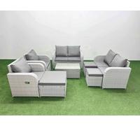 Fimous 9 Seater Outdoor Reclining Chair Love Sofa Set Rattan Garden Furniture Set with Rectangular Coffee Table 3 Stools Light Grey