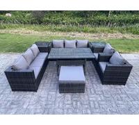 Fimous 9 Seater Outdoor Wicker Garden Furniture Rattan Lounge Sofa Set Patio Rectangular Dining Table With 2 Side Table Stool