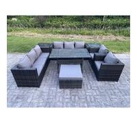 Fimous 9 Seater Outdoor Wicker Garden Furniture Rattan Lounge Sofa Set Patio Rectangular Dining Table with 2 Side Table Stool