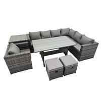 Fimous 9 Seater Patio Dining Corner Sofa Sets with Chair 2 Small Stools in Dark Grey Fimous Dark Grey