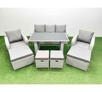 Fimous 9 Seater Patio Garden Furniture Sets with Black Glass Top Dining Table Love Sofa 4 Stools Light Grey