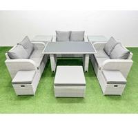 Fimous 9 Seater Patio Garden Furniture Sets with Black Glass Top Dining Table Love Sofa 2 Side Tables 3 Stool Light Grey