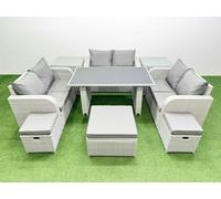 Fimous 9 Seater Patio Garden Furniture Sets With Black Glass Top Dining Table Love Sofa 2 Side Tables 3 Stool Light Grey