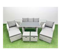 Fimous 9 Seater Patio Garden Furniture Sets with Black Glass Top Dining Table Love Sofa 2 Side Tables 4 Stools Light Grey