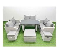 Fimous 9 Seater Patio Garden Furniture Sets with Black Glass Top Dining Table Love Sofa 3 Stool Light Grey Light Grey