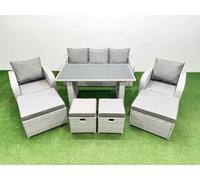 Fimous 9 Seater Patio Garden Furniture Sets with Black Glass Top Dining Table Love Sofa 4 Stools Light Grey