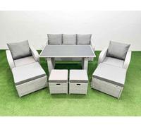 Fimous 9 Seater Patio Garden Furniture Sets with Black Glass Top Dining Table Love Sofa 4 Stools Light Grey