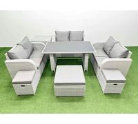 Fimous 9 Seater Patio Garden Furniture Sets with Black Glass Top Dining Table Love Sofa Side Table 3 Stool Light Grey
