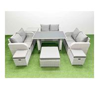 Fimous 9 Seater Patio Garden Furniture Sets with Black Glass Top Dining Table Love Sofa Side Table 3 Stool Light Grey