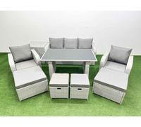 Fimous 9 Seater Patio Garden Furniture Sets with Black Glass Top Dining Table Love Sofa Side Table 4 Stools Light Grey Light Grey