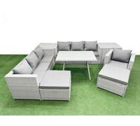 Fimous 9-Seater Patio Rectangular Table 3 Seater Sofa Armchair Set With 2 Side Tables 2 Big Stools