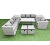 Fimous 9-Seater Patio Rectangular Table 3 Seater Sofa Armchair Set With 2 Side Tables 2 Small Stools