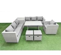 Fimous 9-Seater Patio Rectangular Table 3 Seater Sofa Armchair Set With Side Table 2 Small Stools