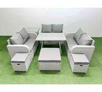 Fimous Rattan Garden Furniture Dining Set 9-seater Patio Rectangular Table Love Sofa Set with Side Table 3 Stools