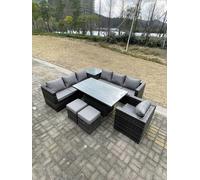 Fimous 9 Seater PE Rattan Corner Sofa Set Rising Adjustable Dining Table Set High Side Coffee Table With Arm Chair Stools