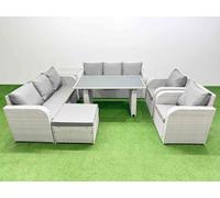 Fimous 9 Seater Wicker PE Rattan Furniture Outdoor Dining Table 3 Seater Sofa Reclining Chair Set with Side Table Big Stool Light Grey