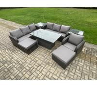 Fimous 9 Seater PE Rattan Outdoor Garden Furniture Sets Height Adjustable Rising lifting Dining Table Sofa Set with 2 Side Tables