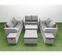 Fimous 9 Seater Pe Wicker Rattan Furniture Sofa Sets Rectangular Coffee Table 2 Seater Love Sofa 3 Stool 2 Side Table Light Grey