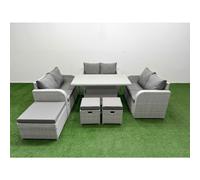 Fimous 9 Seater PE Wicker Rattan Furniture Sofa Sets with Adjustable Lifting Dining or Coffee Table 2 Seater Love Sofa 3 Stool Light Grey