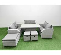 Fimous 9 Seater PE Wicker Rattan Furniture Sofa Sets with Adjustable Lifting Dining or Coffee Table 2 Seater Love Sofa 3 Stool Side Table Light Grey